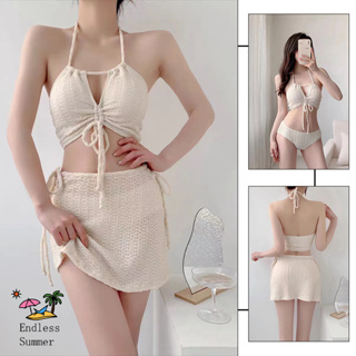 swimsuit women สีทึบ สูทแบบสามชิ้น บิกินี่สาวอวบ บิกินี่เอวสูง น่ารักและเซ็กซี่#0110