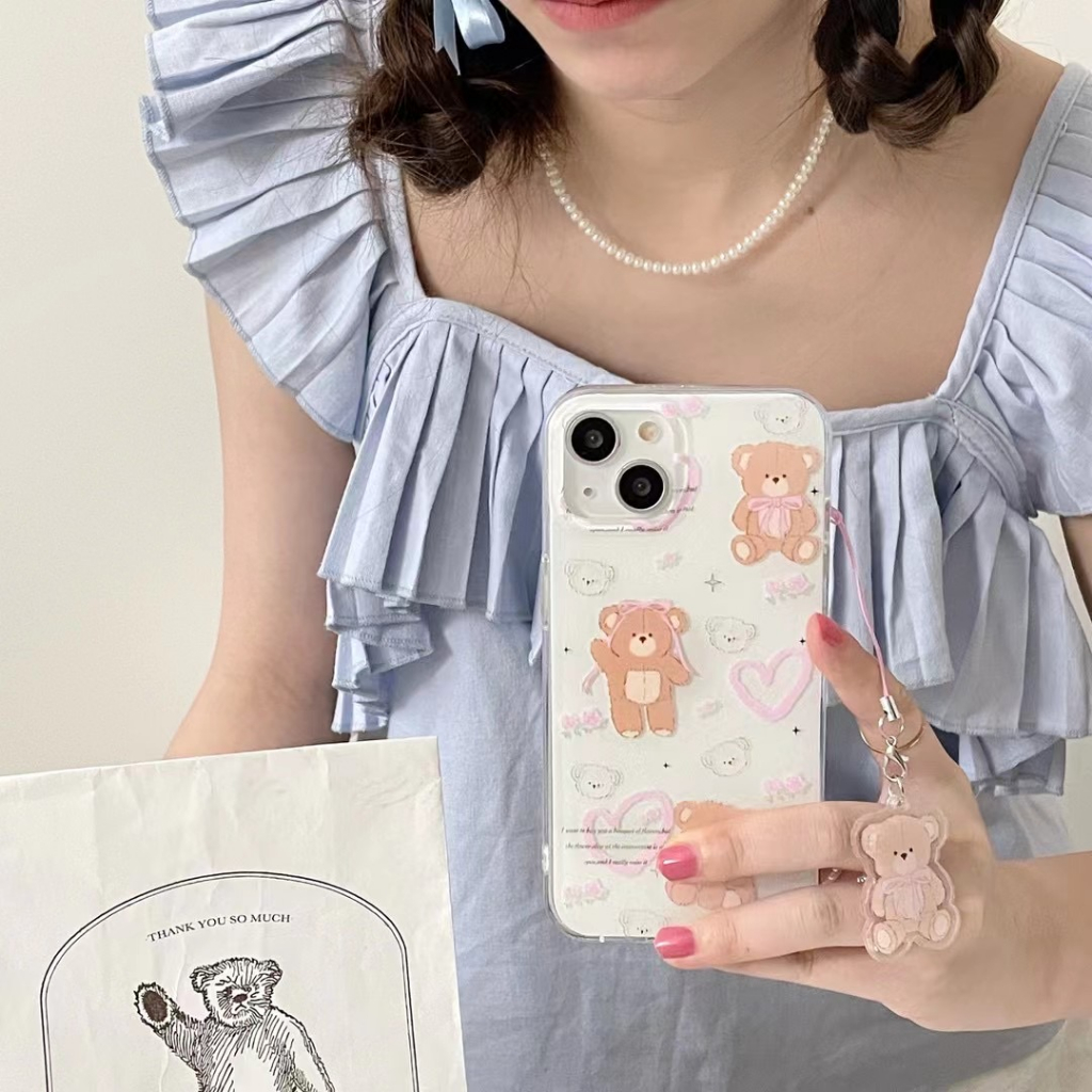 casephoneg-ป้องกันการหล่น-ขอบเต็ม-พร้อมจี้-iphone-11-14-pro-max-การ์ตูน-หมีน้อย-เส้นขอบโปร่งใส-case-for-iphone-12-13