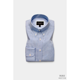 Micro2 Cotton Linen Blue&amp;White Strip Button down Shirt - เสื้อเชิ้ตผ้าคอตตอนลินินสีฟ้าลายทาง