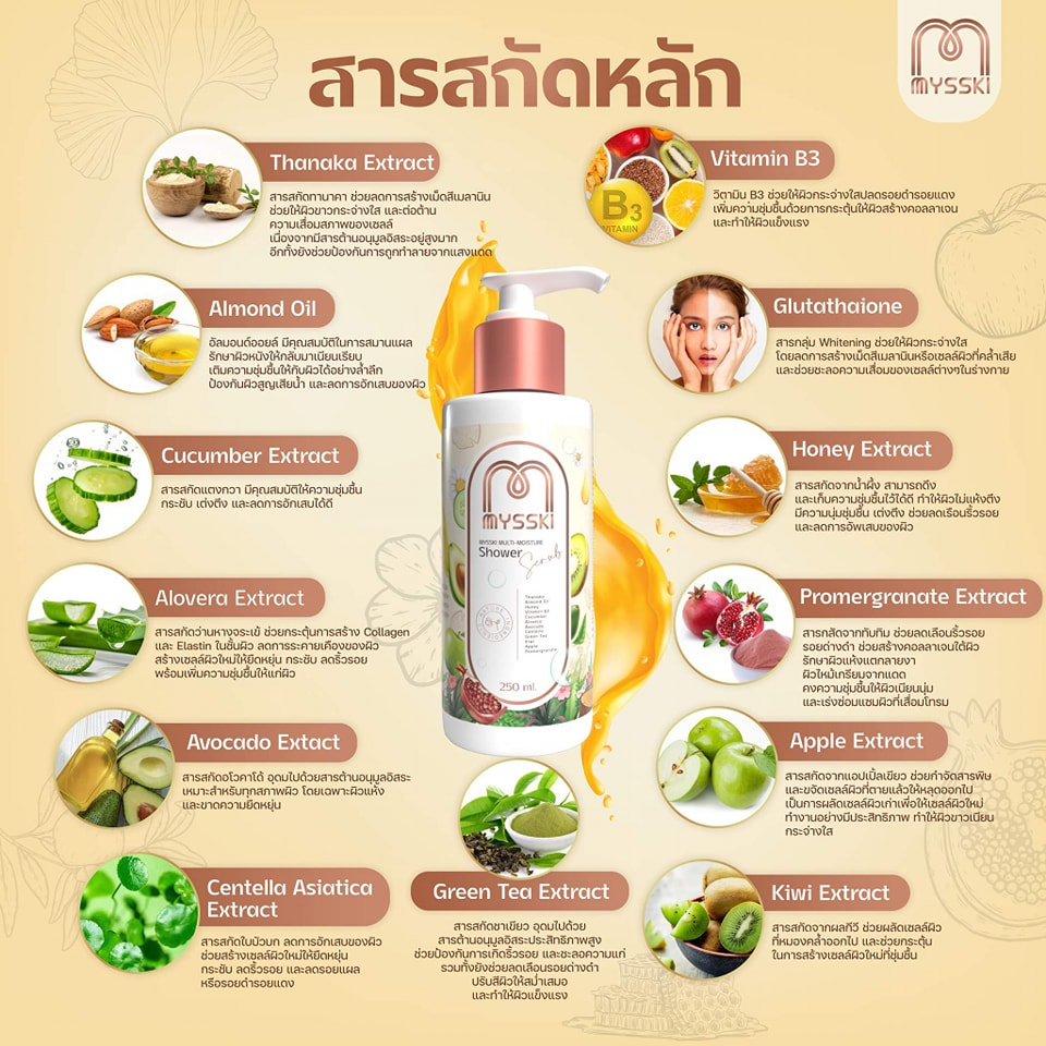 เจลอาบน้ำ-ครีมอาบน้ำ-สครับผิว-mysski-multi-moisture-shower-scrub-อาบและบำรุงผิวกาย-ผิวกระจ่างใส-เนียนนุ่ม-250-มล-1ชิ้น