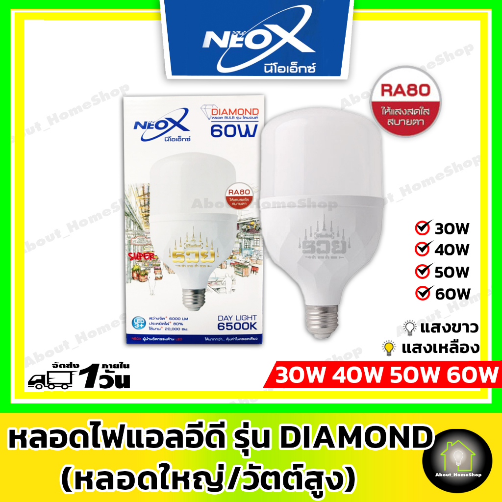 neo-x-นีโอเอ็กซ์-หลอดไฟแอลอีดีวัตต์สูง-ขนาด-30w-40w-50w-และ-60w-รุ่น-diamond-ไดมอนด์-หลอดใหญ่-วัตต์สูง