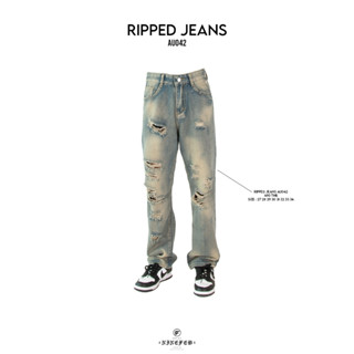 Ripped jeans ( au042 ) สีสนิมฟอกแต่งขาด ทรงกระบอกเล็ก