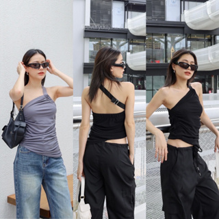 NEW IN!! One-shoulder top🩶🖤(350฿ฟรีส่ง) เสื้อไหล่เดียว สายคาดยางยืด ดีไซน์เก๋มาก ผ้าเนื้อทราย ยืดหยุ่นได้ glam