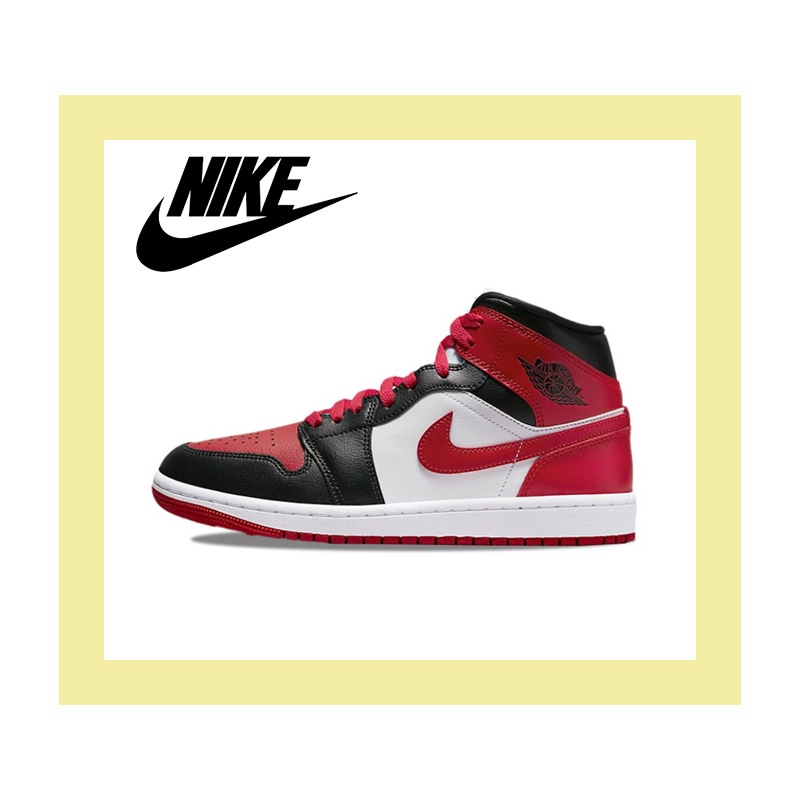 รองเท้าบาสเก็ตบอล-air-jordan-1-mid-bred-toe-ของแท้-100-รองเท้าบาสเก็ตบอลเรโทรขนาดกลางสีดำและสีแดง