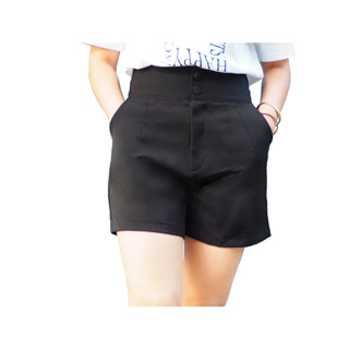 กางเกงขาสั้นผู้หญิง กระดุมคู่เอวสูง (ผ้าฮานาโกะ) มีสีดำ ขาว กรม แดง เทาเข้ม นู้ด ครีม (S-XL)