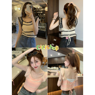 Cicishop(T2290)Knitt Tops เสื้อครอปไหมพรม เว้าหลังดีเทลผูกเชือก คิ้วท์ๆสไตล์เกาหลี