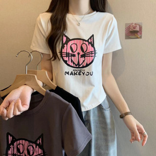 Bonnie(พร้อมส่ง/ใหม่)#5k63เสื้อยืดผู้หญิงแขนสั้นฤดูร้อนใหม่2023สลิมพิมพ์ลายแมวการ์ตูนเก๋ไก๋สไตล์เกาหลี