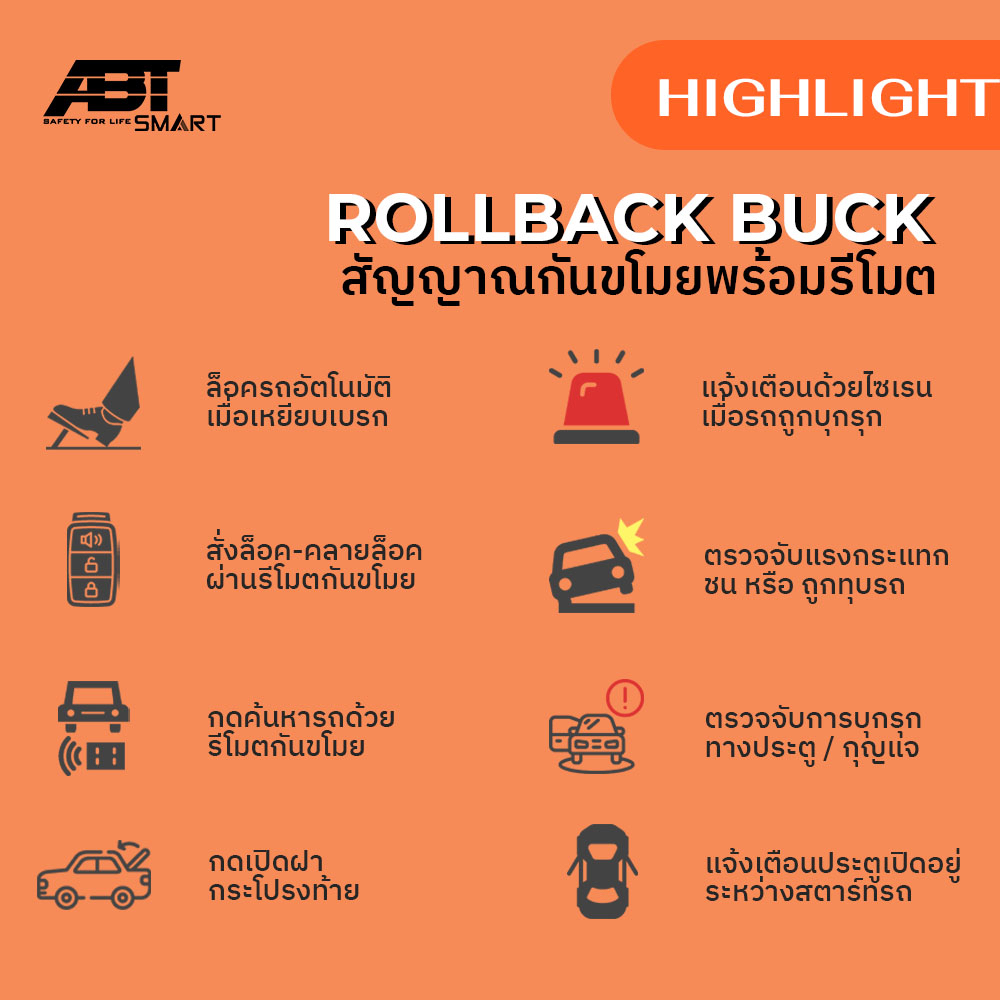 สัญญาณกันขโมย-กันขโมยรถ-ชุดรีโมทกันขโมยรถ-แบรนด์abt-rollback-buck-แจ้งเตือนไซเรนเมื่อถูกบุกรุก-เหยียบเบรครถล็อคอัตโนมัติ