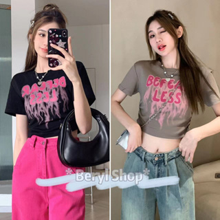 Beryl🌻เสื้อท่อนบน🍒เสื้อยืดคอกลมลำลองผ้าฝ้ายครอป