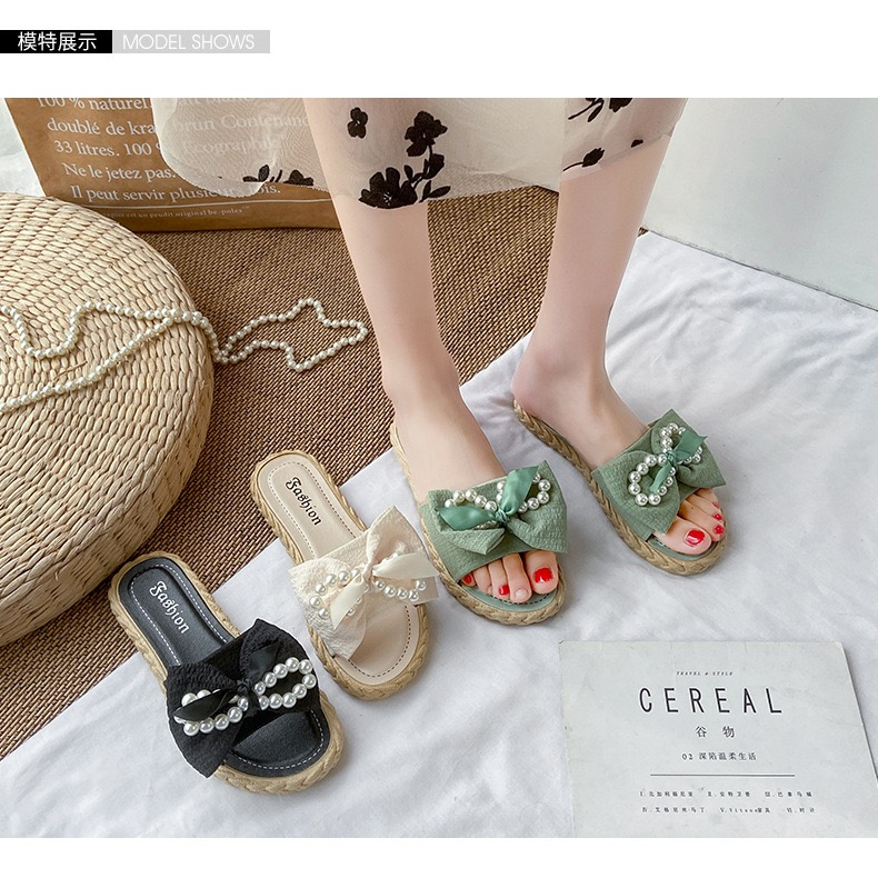 new-fashion-sandals-มาใหม่-รองเท้าแตะแฟชั่น-แต่งโบว์ไข่มุกรัดส้น