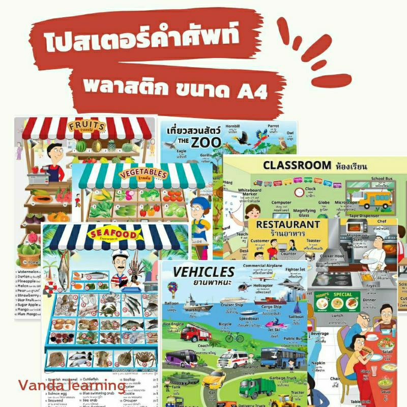 โปสเตอร์คำศัพท์-ขนาด-a4-สวนสัตว์-ยานพาหนะ-ห้องเรียน-ร้านอาหาร-ร้านผลไม้-ร้านผัก-สัตว์ในฟาร์ม-เบเกอรี่-อาหารทะเล-vanda