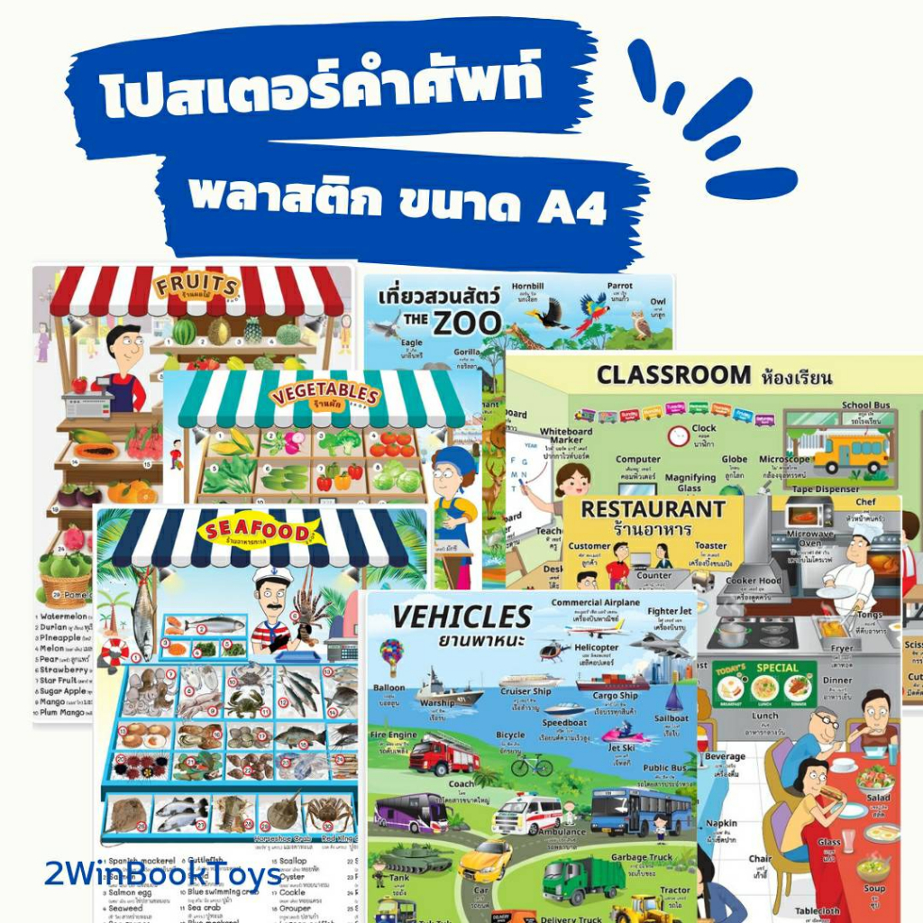 โปสเตอร์คำศัพท์-ขนาด-a4-แผ่นพลาสติก-สวนสัตว์-ยานพาหนะ-ห้องเรียน-ร้านอาหาร-ร้านผลไม้-ร้านผัก-เบเกอรี่-ฟาร์ม-อาหารทะเล