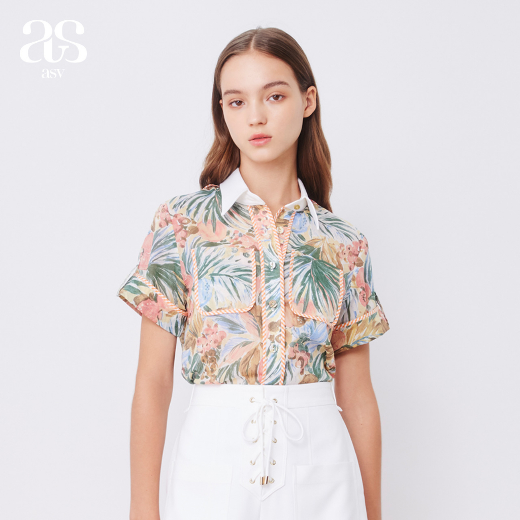 asv-ss23-tropical-fruit-shirt-เสื้อเชิ้ตผู้หญิง-ผ้าลายผลไม้ทรอปิเคิล-แขนสั้น-แต่งกระเป๋าหน้า-แต่งขอบผ้ากุ๊นลายทาง