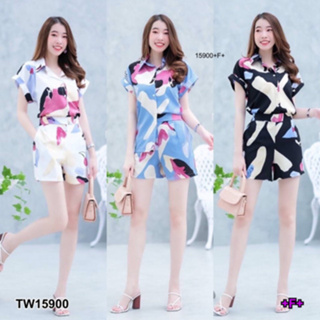 B15900 Set 2 ชิ้น เสื้อเชิ้ตแขนล้ำพับพิมลายกราฟฟิก + กางเกงขาสั้นลายกราฟฟิก Set of 2 pieces. Graphic printed fold-over s