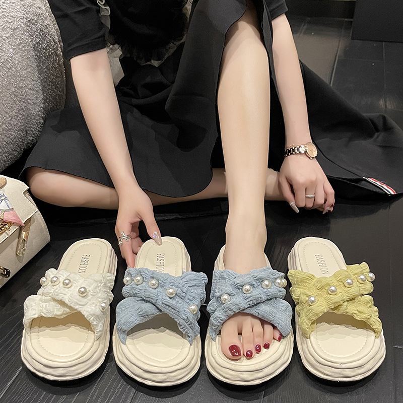 ผลิตภัณฑ์ใหม่-รองเท้าแตะแพลตฟอร์มสตรีสไตล์เกาหลี-แฟชั่นรองเท้าแตะชายหาดกลางแจ้ง-ประดับโบว์มุก
