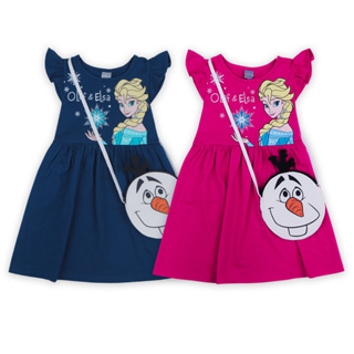 Disney Girl Frozen Elsa Dress With Bag Olaf - โฟรเซ่น ชุดกระโปรงเด็กผู้หญิง ลายเจ้าหญิงเอลซ่ามีกระเป๋าลายโอลาฟ สินค้าลิขสิทธ์แท้100% characters studio