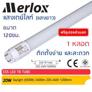 ✨Merlox หลอดยาว LED T8 20W 120cm. (แสงสีขาว Daylight 6500K) 220-240V รุ่น ESS V6.0 #22202, หลอดไฟแอลอีดี นีออนยาว LED Tu