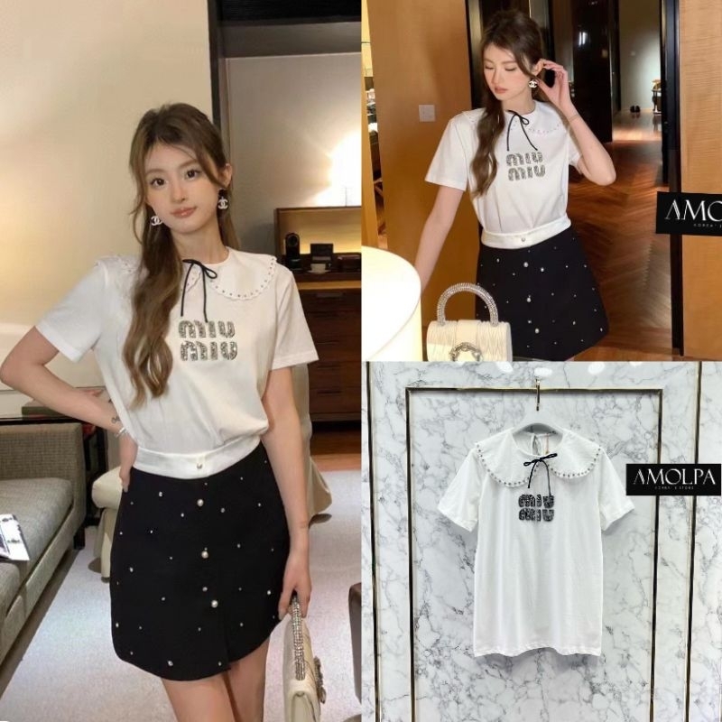 เสื้อยืดคอบัว-miu-miu-ปัก-เพชรแน่นๆ-งานสวยเป๊ะ-ตามภาพ-ผ้าเกรดอย่างดี-งานสวยม๊ากกกก-งานไฮเอนชนช๊อป-แมทซ์กับอะไรก็สวย