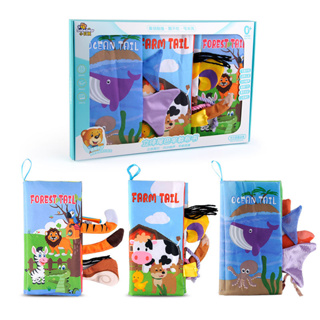 หนังสือผ้าของเล่น - หนังสือผ้าเพื่อการเรียนรู้สัตว์ สามารถซักน้ำได้  ไม่ฉีกขาด - 1 เซต มี 3 เล่ม