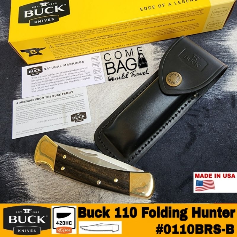 มีดพับ-buck110-folding-hunter-เป็นมีดคลาสสิก-มีดประกอบ-bolstersทองเหลืองพร้อมด้ามมีดไม้มะเกลือ-ของแท้ผลิตอเมริกา