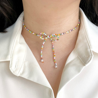 โชคเกอร์ลูกปัด มุก รูปโบว์ สีเงินใส หลากสี น่ารัก สร้อยลูกปัด Transparent Silver Colorful Beads Cute Bow Choker Necklace