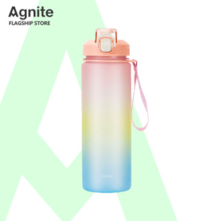 Agnite กระบอกน้ำ 1 ลิตร กระบอกน้ำบอกเวลา มีหูแบบพกพา หลอดดูดซิลิโคน แบบป๊อบอัพ ฝาปิดแน่น วัสดุPC คุณภาพสูง Water Bottle