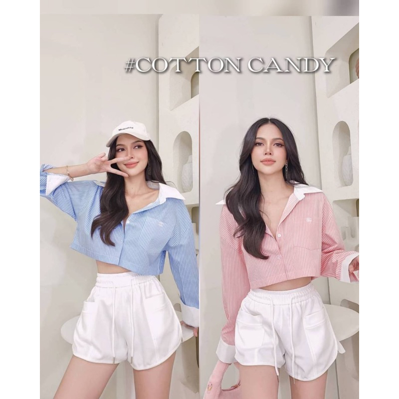 cotton-candy-เสื้อครอปเชิ้ตแขนยาวลายริ้วปกขาว