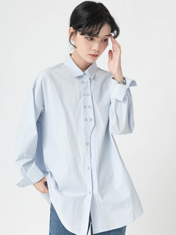 cod-pb2983-เสื้อเชิ้ตคอปกแขนยาวทำงานผู้หญิงเรียบง่ายสีทึบปุ่มคู่-เสื้อย้อนยุคสไตล์ฮ่องกงแฟชั่นลำลอง-oversize