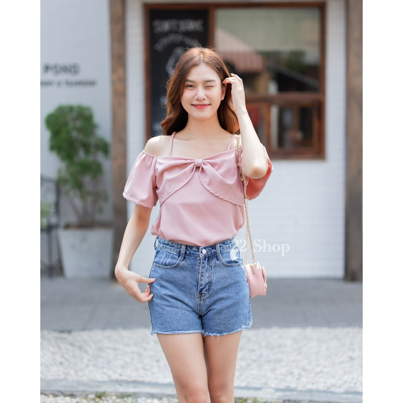 เสื้อสายเดี่ยวเปิดไหล่โบว์หน้า-ลุคคุณหนูมี-5-สี