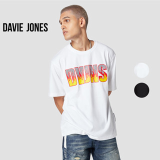 DAVIE JONES เสื้อยืดโอเวอร์ไซส์ พิมพ์โลโก้ รีดสตัท สีดำ Graphic Embroider Stud Oversize T-Shirt in black white LG0042BK WH