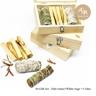Aroma&More -04 ชุดของขวัญในกล่องไม้ 3 รายการสุดคุ้ม Gift Set Palo santo+White sage+Cedar บรรจุในกล่องไม้สนสวยงาม
