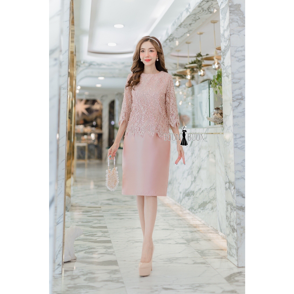 เดรสลูกไม้พรีเมียมไซส์ M-5XL พรางพุงสวยหรู งานแม่เจ้าบ่าว ราตรีสั้น มุมมองที่ 2