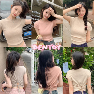 bentoy(C069)เสื้อยืดแขนสั้น ไหมพรม ดีเทลสายผูกหลัง รัดรูป ทรงสวย แมทช์ง่าย