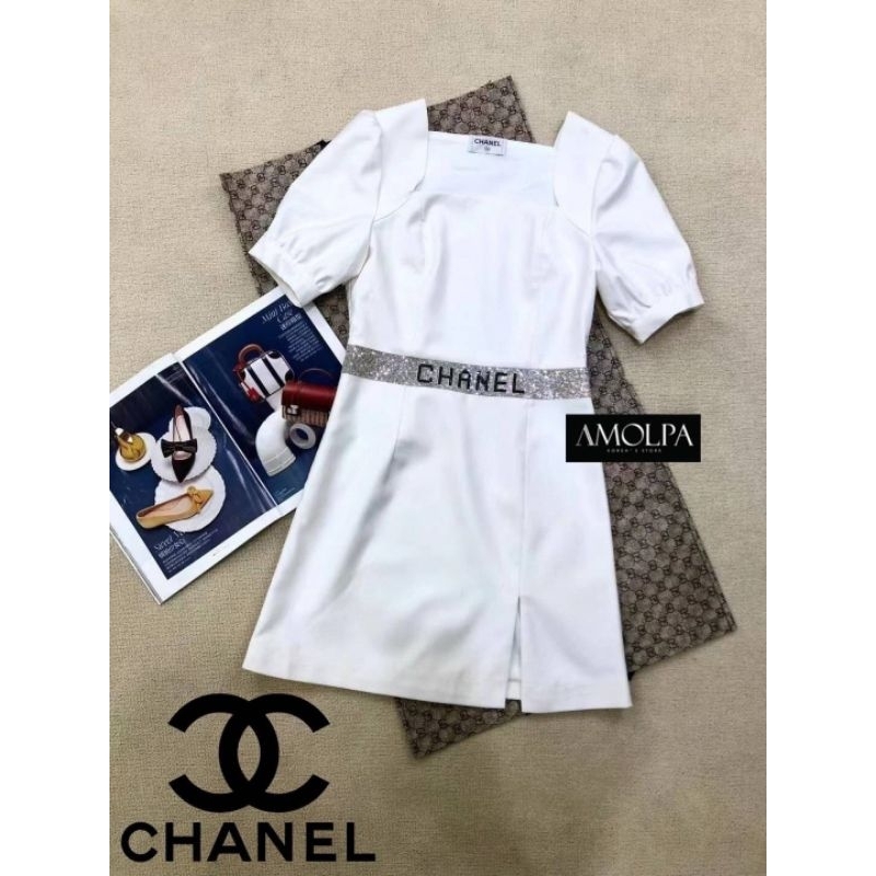 dress-chanel-งานดีมาก-ซับในทั้งตัว-ช่วงเอวแต่งแถบเพชรอักษร-chanel-ผ้าใส่สบาย-ไม่คันนนแต่อย่างใด