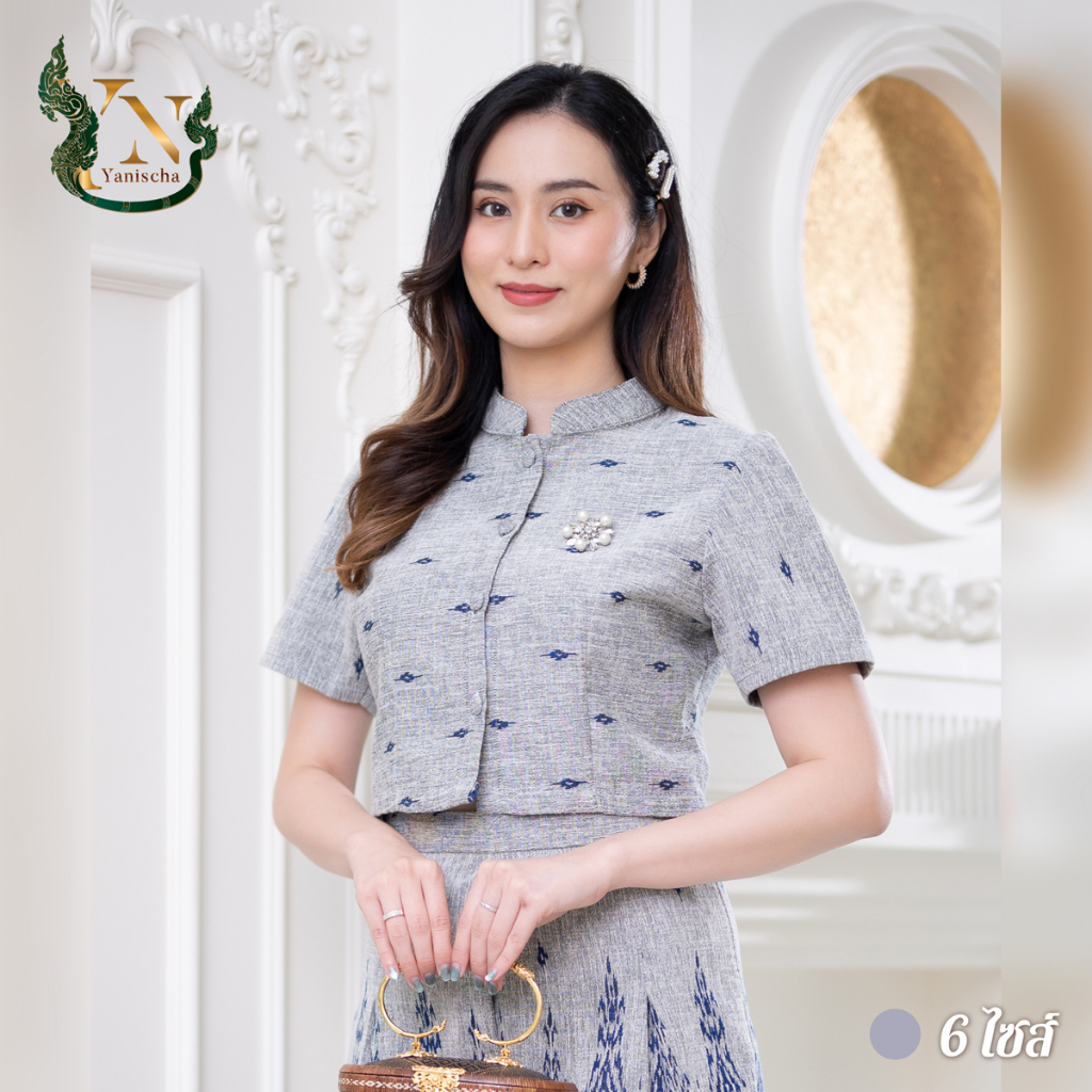 เซ็ทอมรรัตน์ ผ้าฝ้ายทอลาย สีเทา-น้ำเงิน งานช่างไทย 20 ปี พร้อมส่ง! มุมมองที่ 2