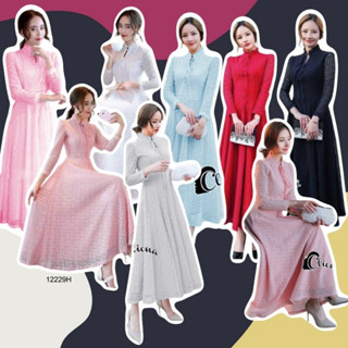 ส่งไว 1-2วันถึง มาเพิ่ม 10 สี แม็กซี่เดรสลูกไม้แขนยาว คอจีนหยักผูกโบว์ก #งานเเต่ง#งานบวช#งานเลี้ยง#เดรสออกงาน#เดรสสีขาว#