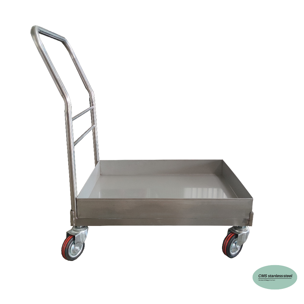 cms-รถเข็นพร้อมถาดรอง-รถเข็นสเตนเลส-รถเข็นเอนกประสงค์-stainless-steel-cart-ขนาด50-70ซม-ด้ามเข็นสูง80ซม-ล้อขนาด4นิ้ว