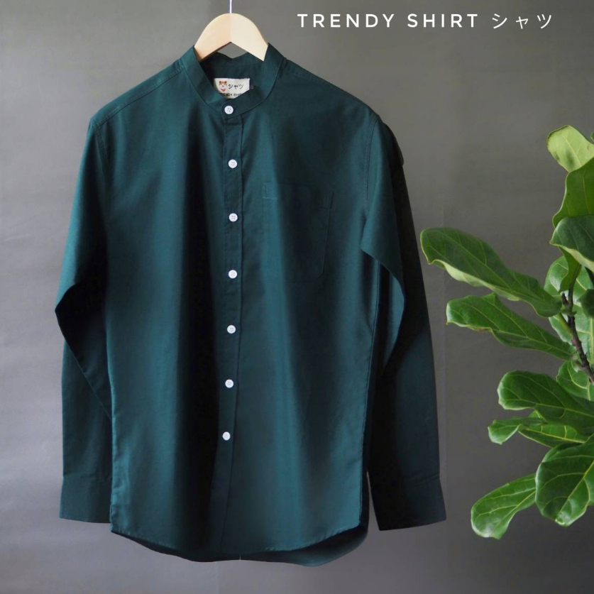 เสื้อเชิ้ตคอจีน-แขนยาว-trendy-shirt-สีเขียวเข้ม-ผ้า-oxford-เนื้อผ้าดี-ใส่สบาย