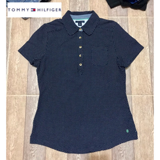 📌TOMMY HILFIGER women navy blue poca-dot polo shirt size L/G เสื้อโปโล ผู้หญิง สีกรมเข้ม ลายจุด แบรนด์ทอมมี่