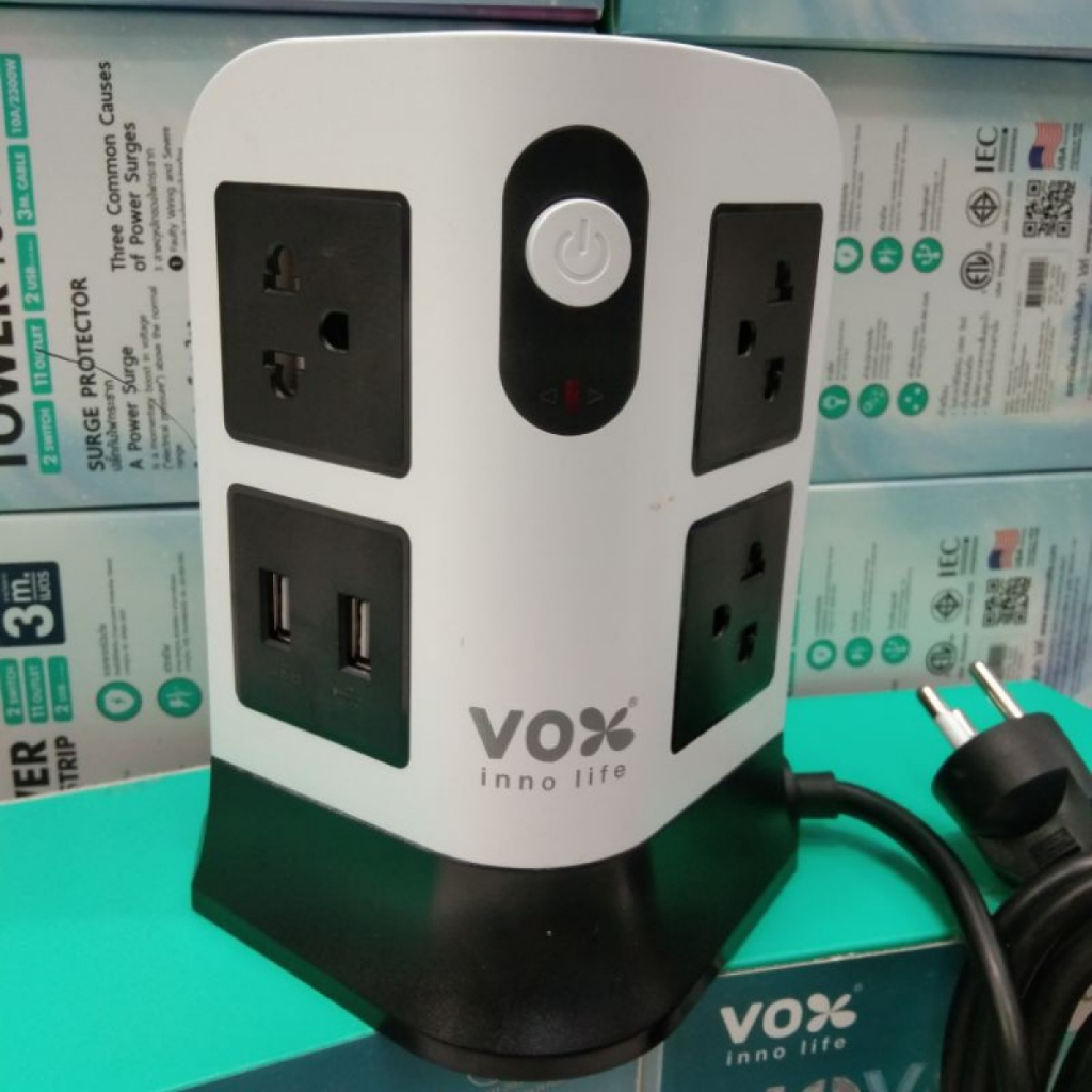 ปลั๊กไฟคอนโด-vox-tower-power-strip-ปลั๊กไฟมาตราฐาน-มอก-7ช่องเสียบ-2ชั้น-2usb-3เมตร-รุ่น-nv-t272u