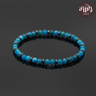หินอพาไทต์ แต่ง แร่เฮมาไทต์ Apatite ขนาด 4 มิล คัดหิน กำไลหินสี กำไลหินนำโชค หินสีฟ้า หินมงคล สร้อยข้อมือ