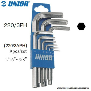 UNIOR 220/3APH-9 หกเหลี่ยมตัวแอล ชุบขาว 1/16-3/8/9 สั้น 9 ตัวหุน