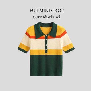 Fuji Mini crop ครอปไหมพรมผ้าร่องคอปก สีเขียวเหลือง มือ 1  อก 30-34 ยืดได้เยอะ ยาว 17 เหมาะกับสาว XS, S Code :988(6)