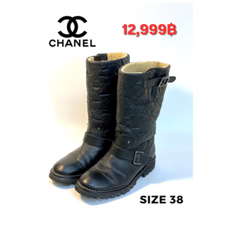Chanel 23A black leather logo detailed biker boots