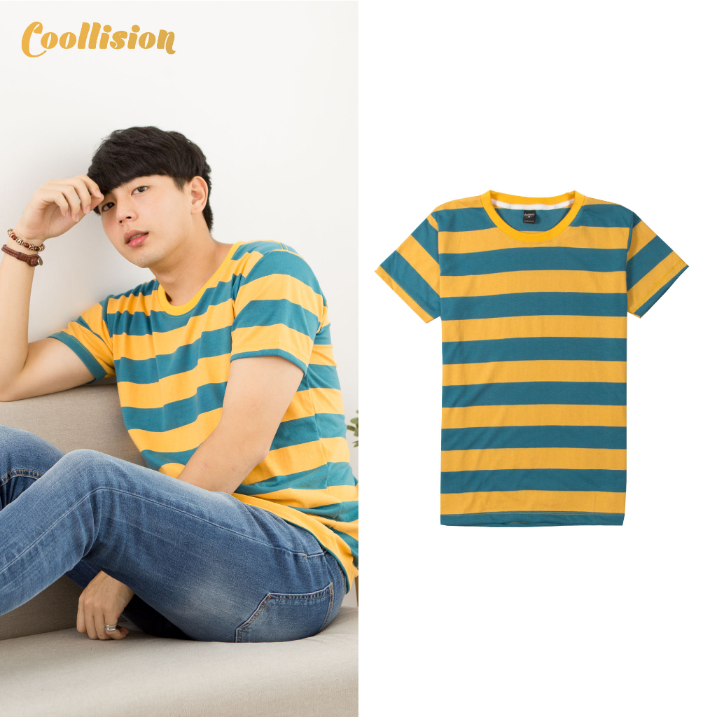 coollision-เสื้อยืดเเขนสั้นลายทางสีเหลืองเขียว-เสื้อลายทางผ้านุ่ม-ริ้วใหญ่-s062-unisex