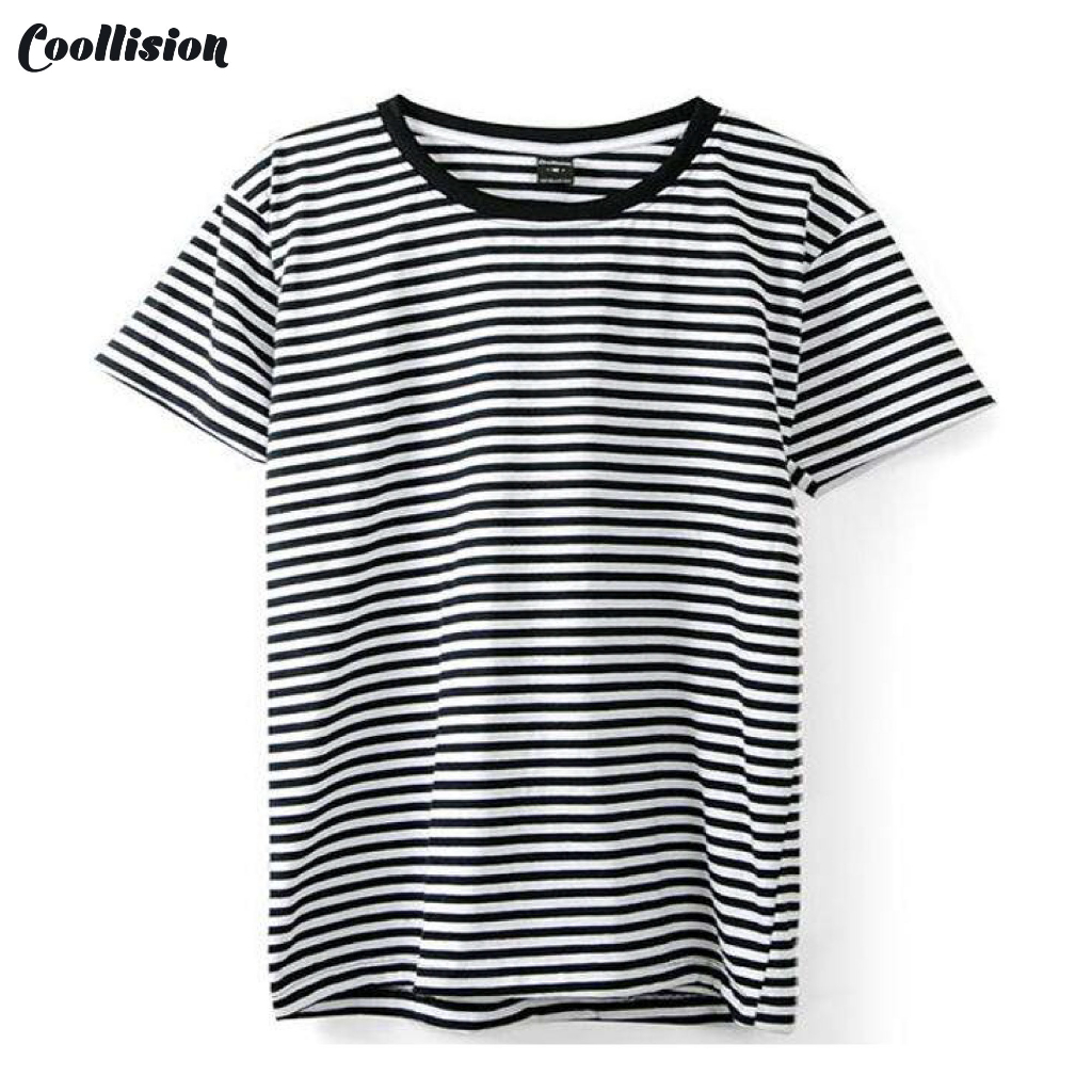 coollision-0-5cmดำ-เสื้อยืดแขนสั้นลายทางขาวดำ-เสื้อลายทางริ้วเล็ก-s041-unisex