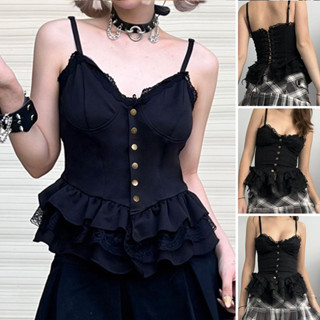 ผู้หญิง Corset ด้านบน Gothic Spaghetti ลูกไม้ขึ้นปุ่มประกบพรางด้านบนเสื้อฤดูร้อน