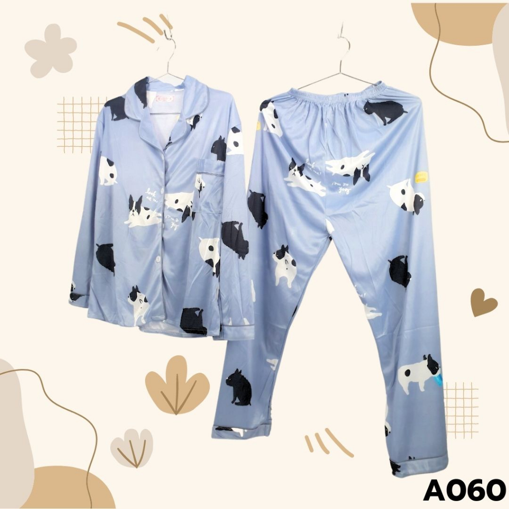 ลดราคามีตำหนิ GY ชุดนอนขายาวแขนยาวลายสุนัขสีฟ้าขอบเสื้อสีเทา ชุดนอน ...