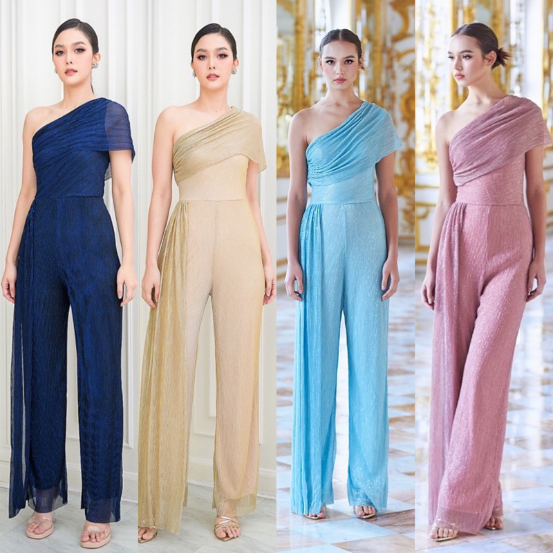 m7-jumpsuit-จั๊มสูทขายาว-สีชมพู-สีกรม-สีทองอ่อน-ไหลเดียว-เสื้อมีผ้าแต่งคลุมไหล่-จั๊มสูทออกงาน-luxe