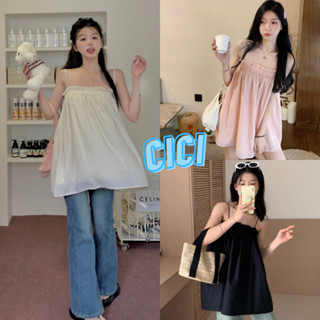 Cici(NO.3133)เสื้อสายเดี่ยว ดีเทลสม็อกรอบอก มีซับด้านในใส่สบายสไตล์เกาหลี